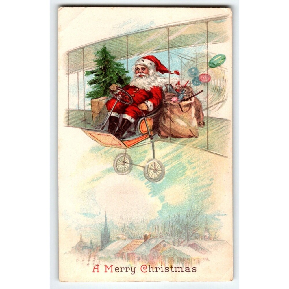 Santa Claus In Plane Christmas Postcard Saint Nick In Airship Airplane Bi-Plane